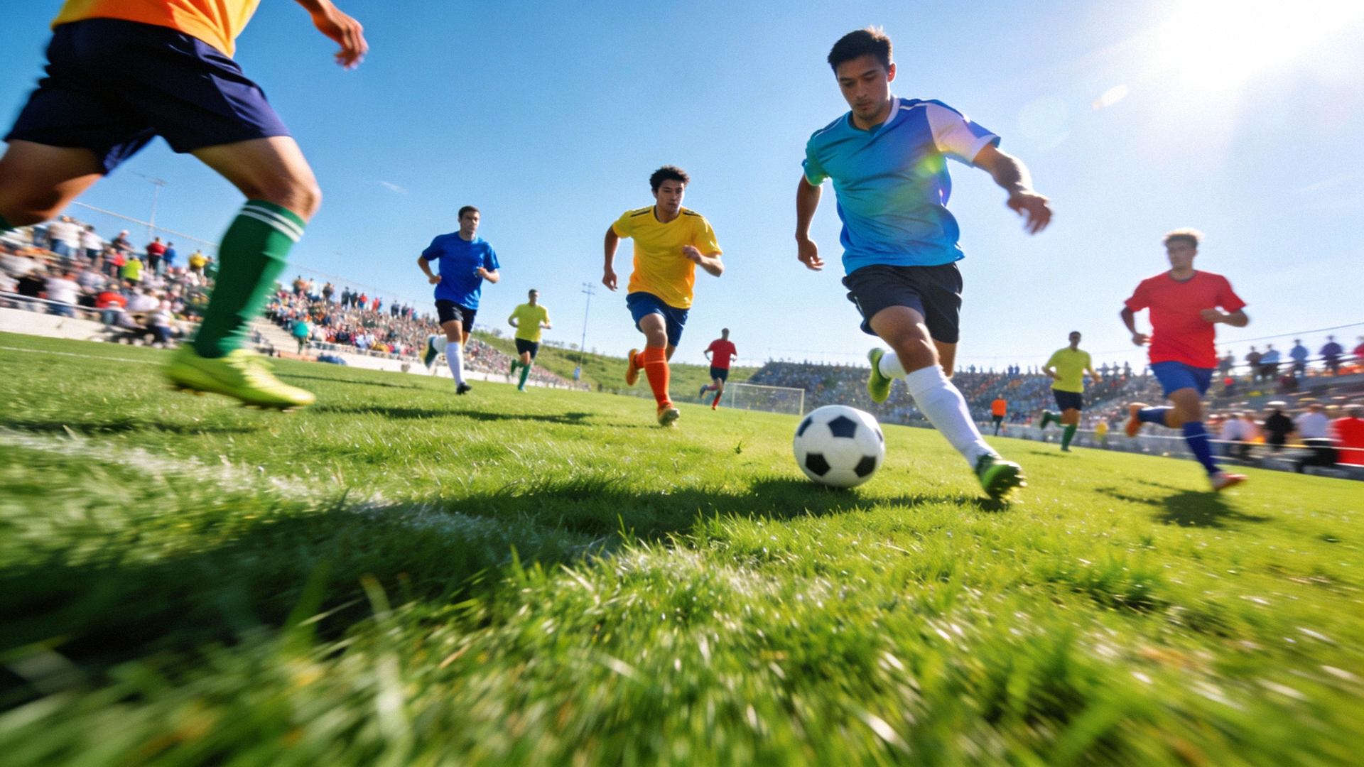 体育场全景，绿茵场上运动员正在激烈角逐